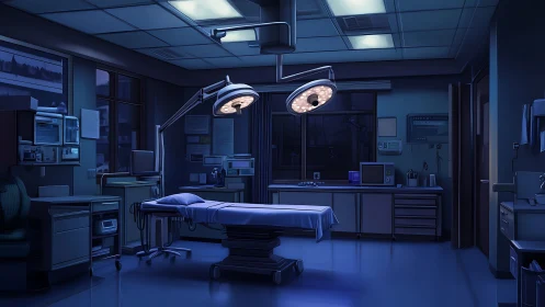 Sterile surgical suite under cool blue nocturnal lighting.