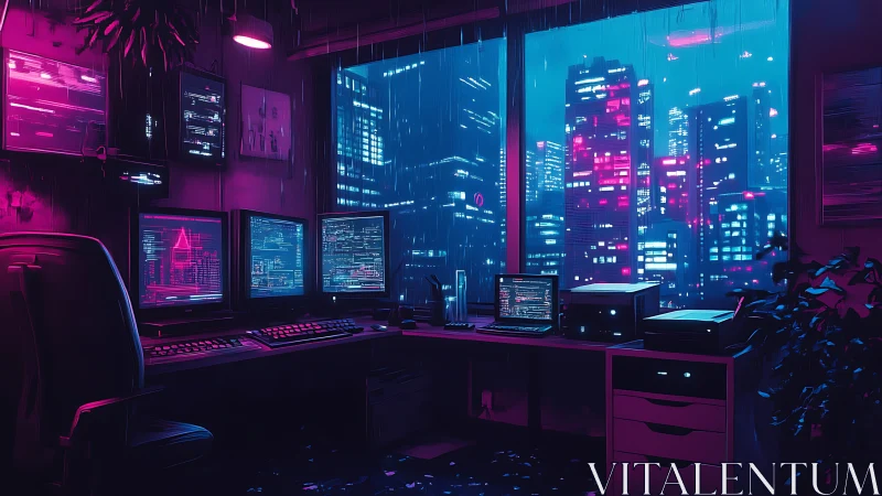 Cyberpunk hacker workstation with neon-lit skyline window view.