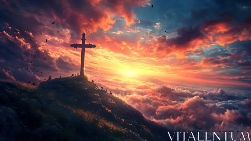 Solitary hilltop cross bathing in storm-torn sunset skies.