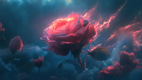 Luminous flaming rose suspended in cinematic teal clouds.