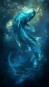 Bioluminescent koi rendered in cosmic aquatic turbulence.