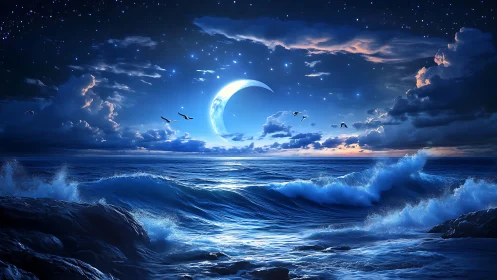 Crescent moon illuminates stylized nocturnal seascape scene