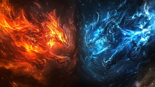 Elemental fire and ice wolf spirits in mirrored confrontation