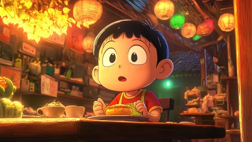 Anime boy at cozy lantern-lit café table, surprised expression.