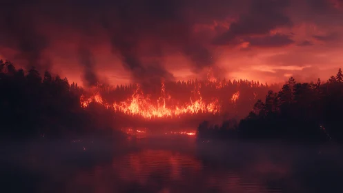 Nocturnal Forest Fire with Water Reflection.