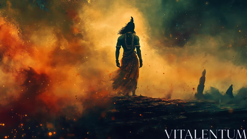 Lone mythic wanderer walking through swirling sacred fire.