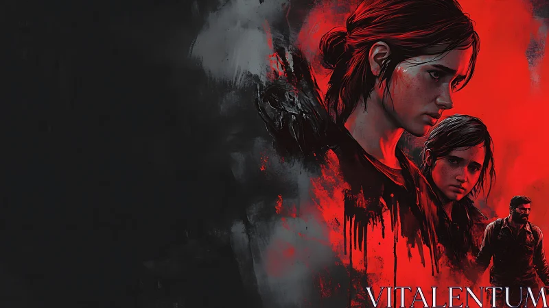 Portrait of tense girl and man over red and black background