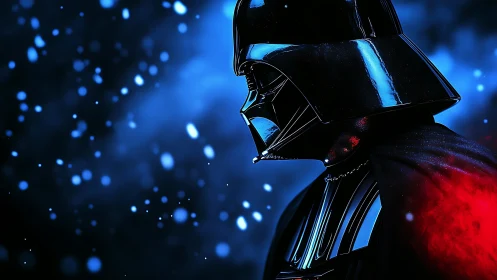 Dark armored figure glows against deep blue bokeh field.