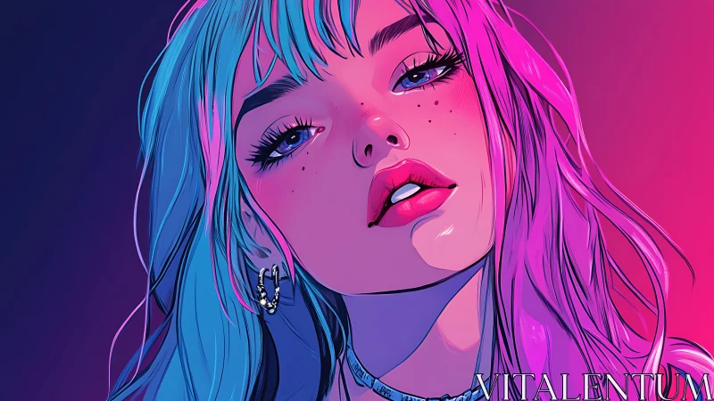 Neon lit girl portrait with bold pink and blue lighting.
