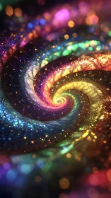 Vivid spiral galaxy of glowing multicolored light and dust.