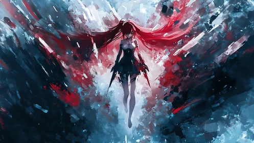 Red-haired anime warrior emerges through abstract chromatic blast