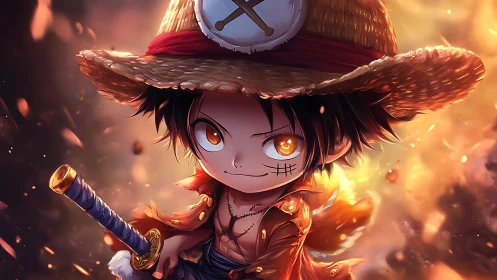 Chibi pirate swordsman stands in fiery glowing embers