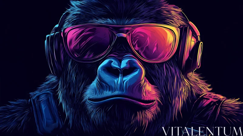 Neon-lit gorilla in reflective shades stares with cool intensity.