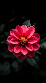 Pink Dahlia Flower with Radiating Petals and Golden Center Detail
