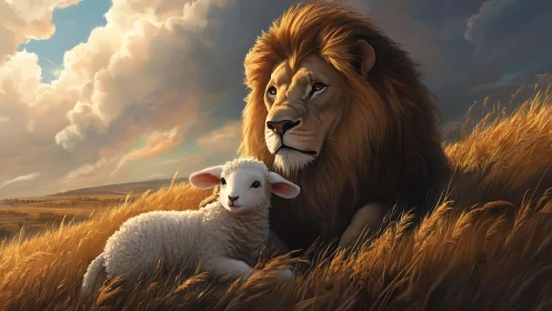 Lion and lamb rest in tall grass under dramatic sky
