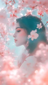 Side profile woman among soft pink cherry blossoms.