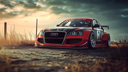 Track-tuned red Audi race car under dramatic sunset sky.