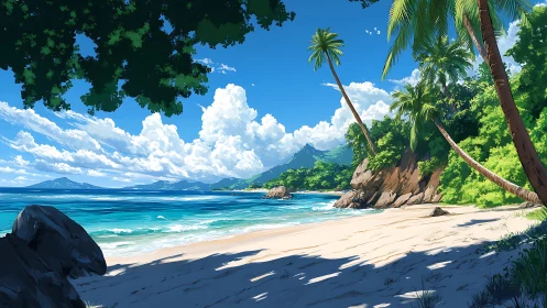 Tropical Coastal Beach with Granite Formations and Palm Trees