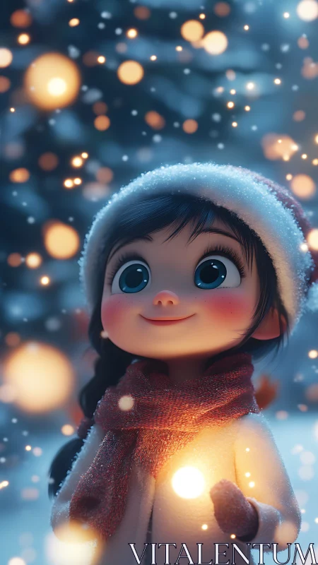 Stylized winter portrait of child under bokeh snow illumination