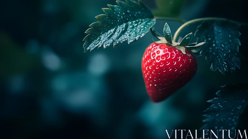 Single ripe strawberry hanging among dark green leaves.