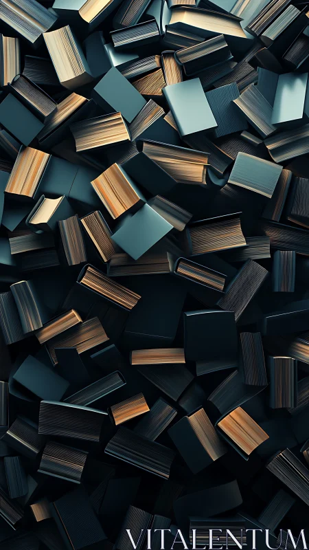 Hardcover books cascade in dense geometric abstraction.