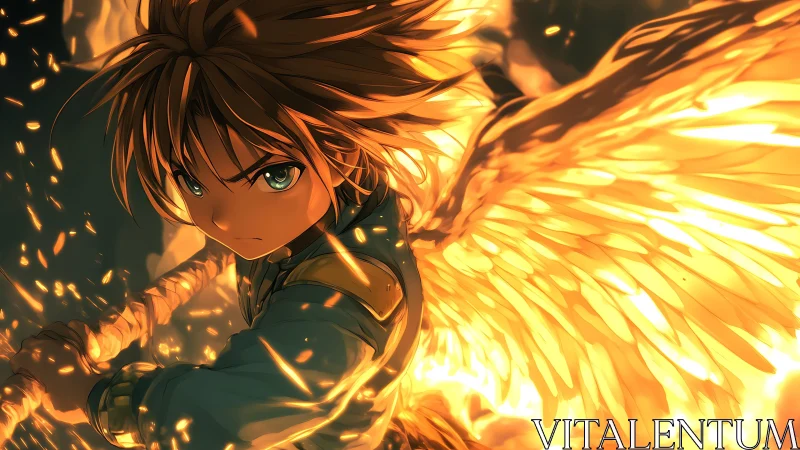 Winged young fighter with glowing fire elements in motion.