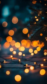 Photorealistic bokeh lights with evergreen branch framing depth.