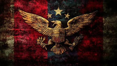 Golden heraldic eagle overlays weathered tricolor flag.