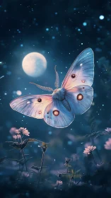 Moonlit moth drifts gently above dreamy wildflower garden.