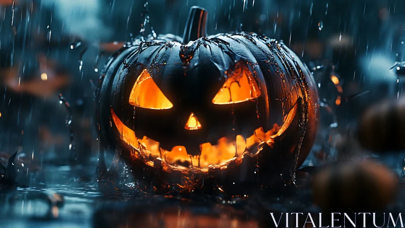 Rain-soaked jack-o’-lantern glows in cinematic low-key lighting