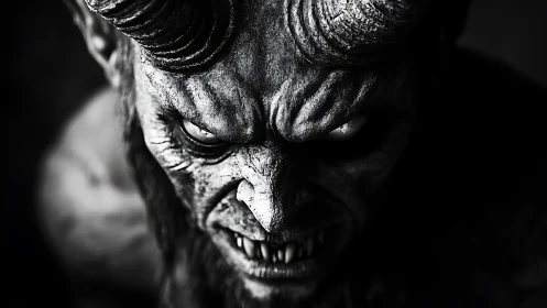 Monochrome horned demon portrait in extreme high contrast lighting.