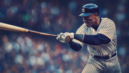 Baseball batter bunts in striped uniform under stadium lights.