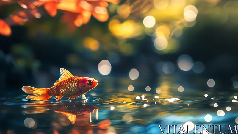 Golden koi gliding over reflective bokeh water surface.
