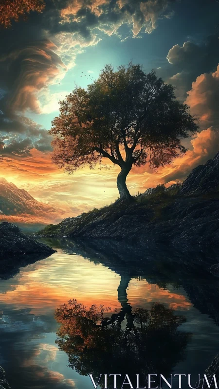Lone riverside tree mirrors under a dramatic sunset sky.