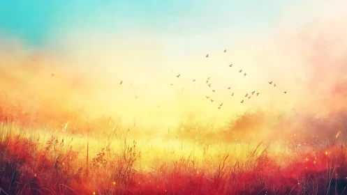 Sunrise songs over ember grasslands in watercolor light.