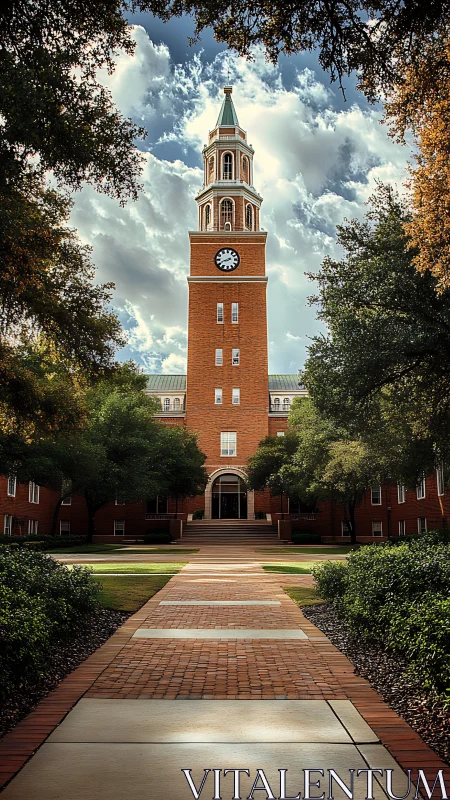 Symmetrical view shows brick clock tower framed by trees