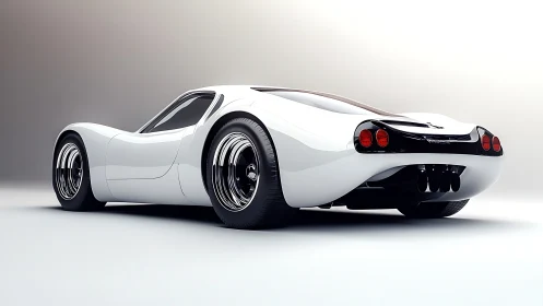 Streamlined white supercar with retro-futuristic rear profile.