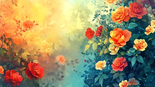 Golden Sunset Roses Garden - Vibrant Floral Digital Artistry.
