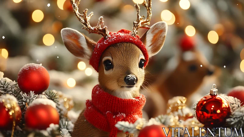 Young reindeer in knit winter clothes amid Christmas lights