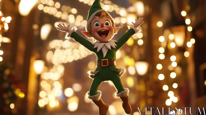 Joyful Christmas elf jumping amid festive street lights.