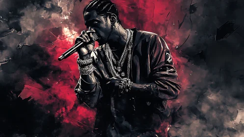 Rapper commands stage amid red smoky digital storm backdrop.