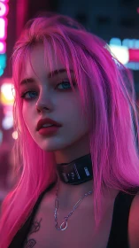 Neon night gaze with pink hair and soft electric glow.
