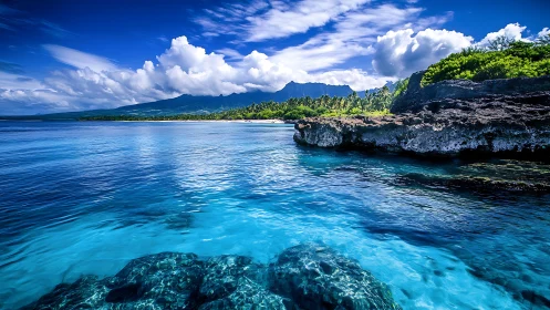 Coastal lagoon with clear water, rocky shore and distant peaks.