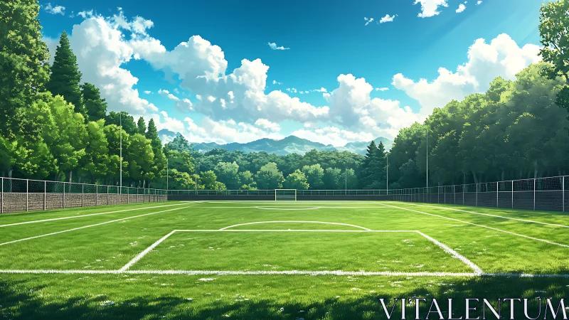 Soccer field viewed from corner with trees and distant hills