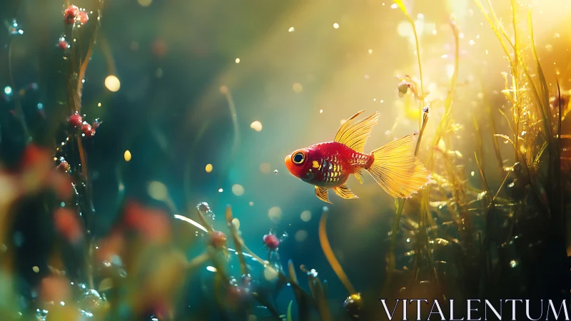Small orange fish moves through illuminated aquatic vegetation