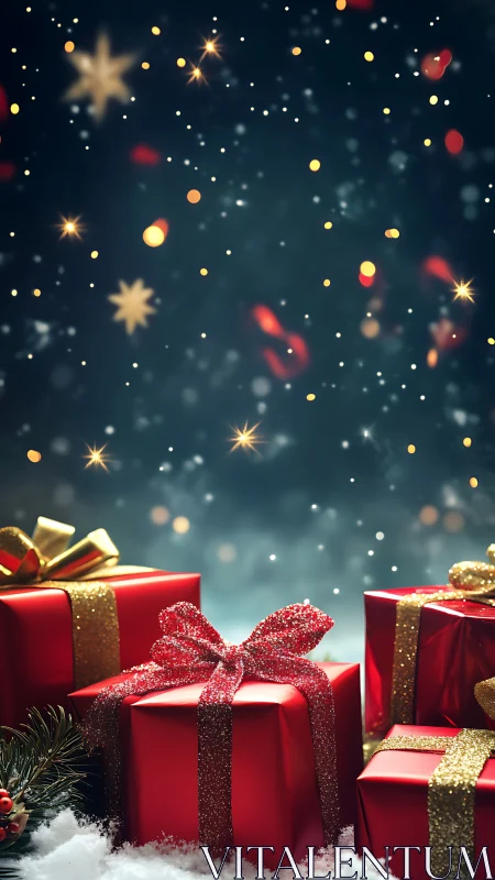 Sparkling red Christmas gifts glow softly under winter lights