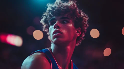 Young basketball player studies arena lights under neon glow