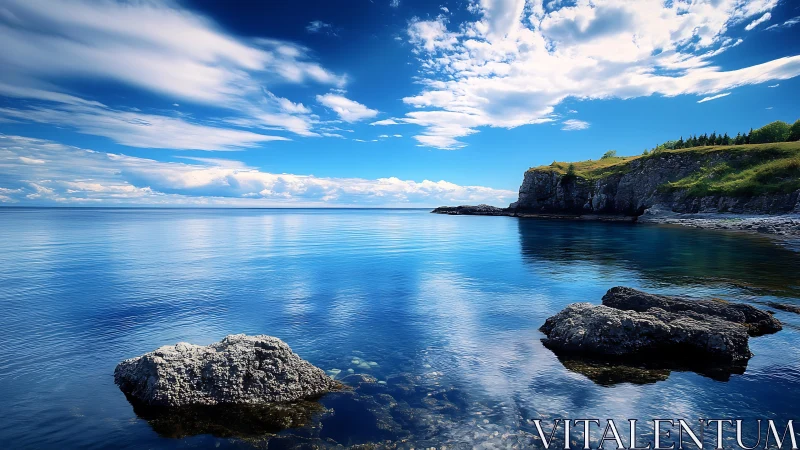Rocky headland meets glassy blue sea under vivid sky.