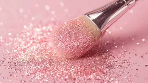 Makeup brush resting in scattered pink cosmetic glitter.