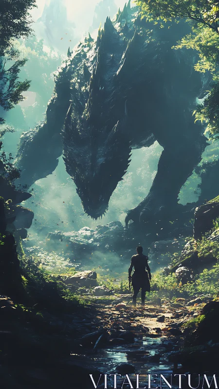 Epic fantasy confrontation in luminous forest ravine composition.